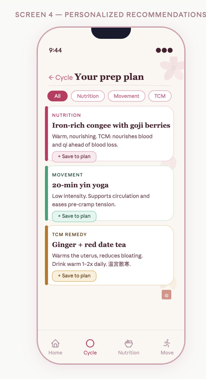 Original DivaFlo prep plan with nutrition, movement, and TCM categories